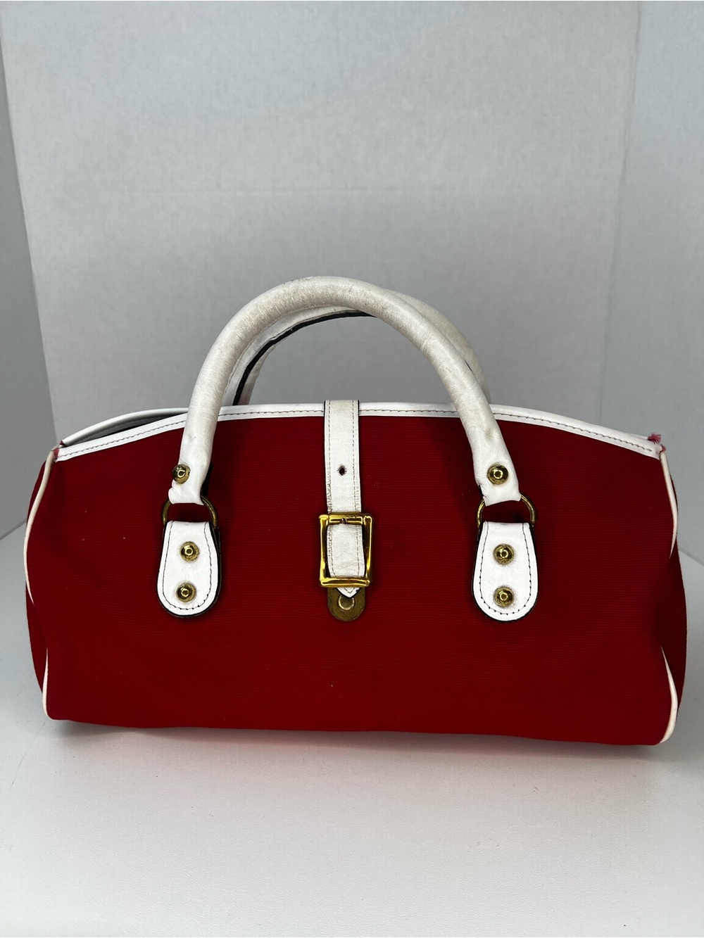 Vintage Ronay Red Canvas & White Leather Satchel Handbag